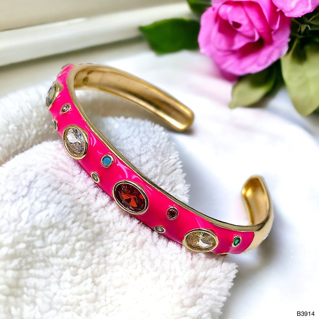 Hot Pink Enamel Gemstones 18K Gold Anti Tarnish Cuff Kada Bulk