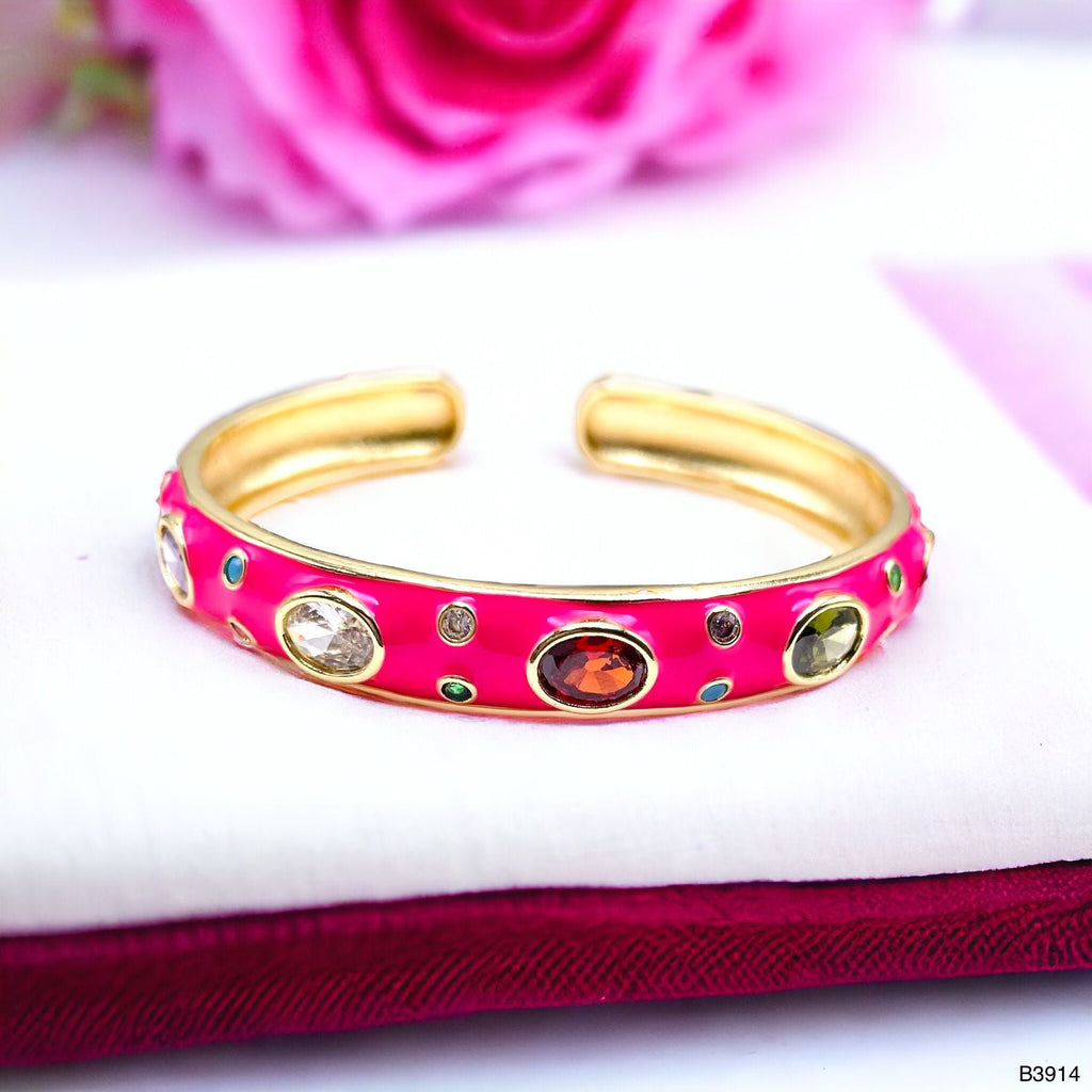 Hot Pink Enamel Gemstones 18K Gold Anti Tarnish Cuff Kada Bulk