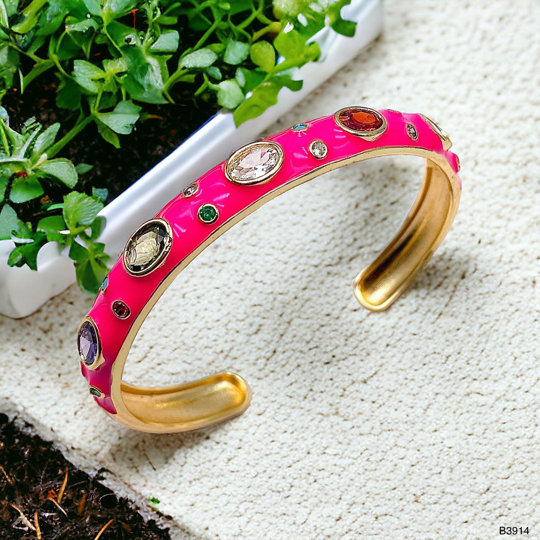 Hot Pink Enamel Gemstones 18K Gold Anti Tarnish Cuff Kada Bulk