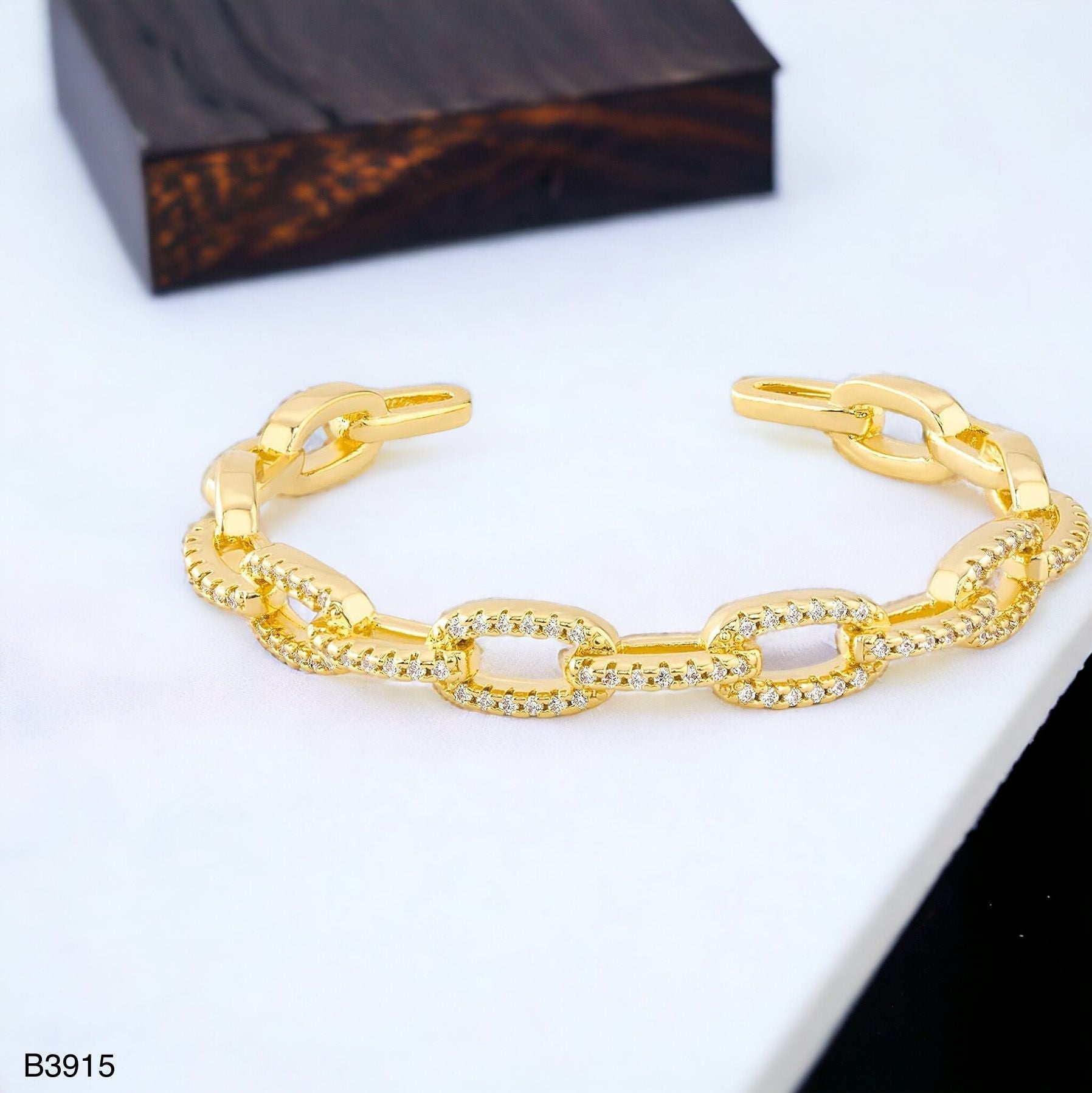 Oval Links Cubic Zirconia 18K Gold Cuff Kada Bracelet For Women Bulk Main image