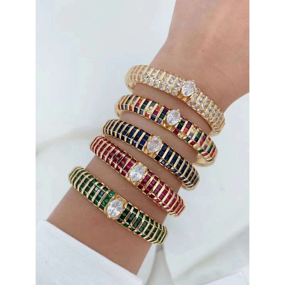 Multi Color Princess CZ 18K Gold Anti Tarnish Cuff Kada Bracelet Bulk Main image