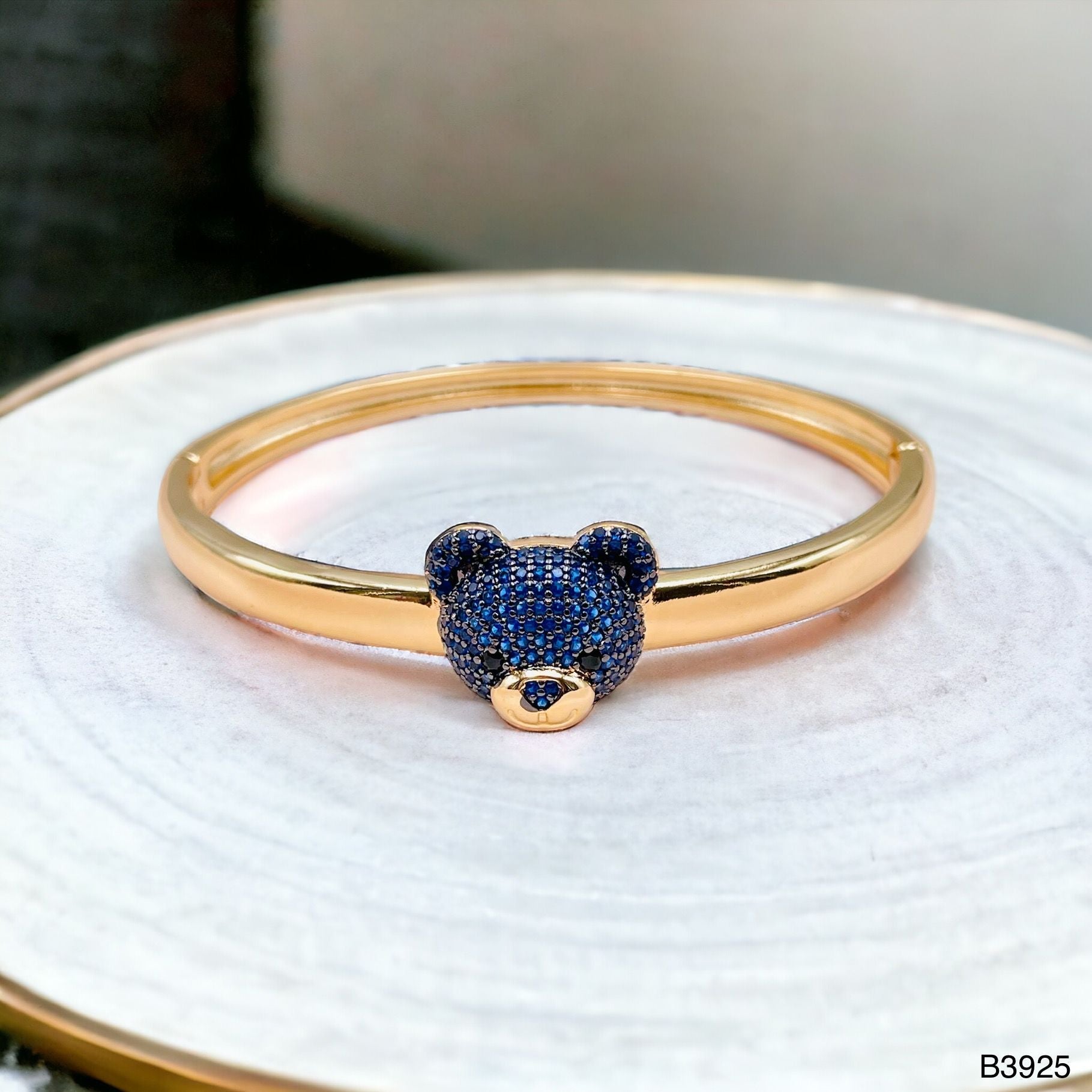 Dark Blue Sapphire Teddy Bear 18K Gold Anti Tarnish Openable Kada Bangle for Women Main image