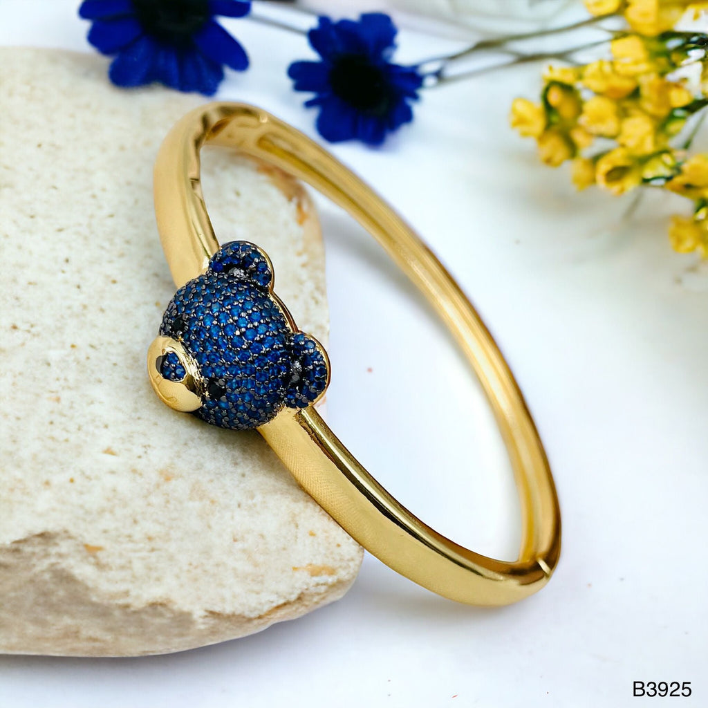 Dark Blue Sapphire Teddy Bear 18K Gold Anti Tarnish Openable Kada Bangle for Women