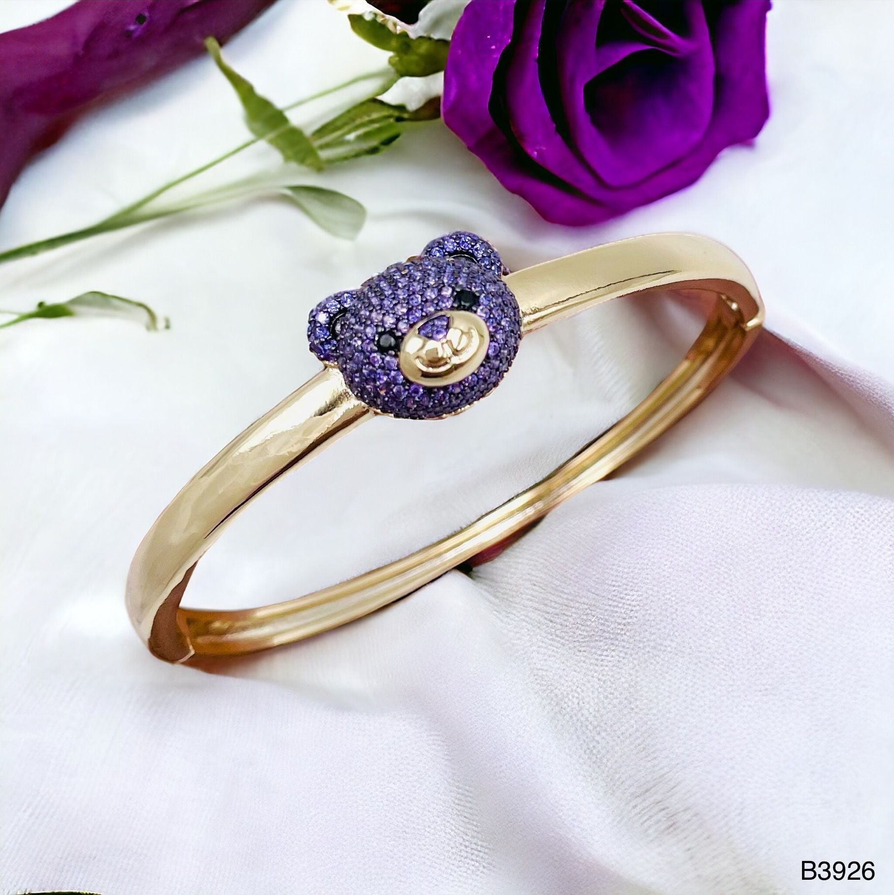Dark Blue Sapphire Teddy Bear 18K Gold Anti Tarnish Openable Kada Bangle for Women
