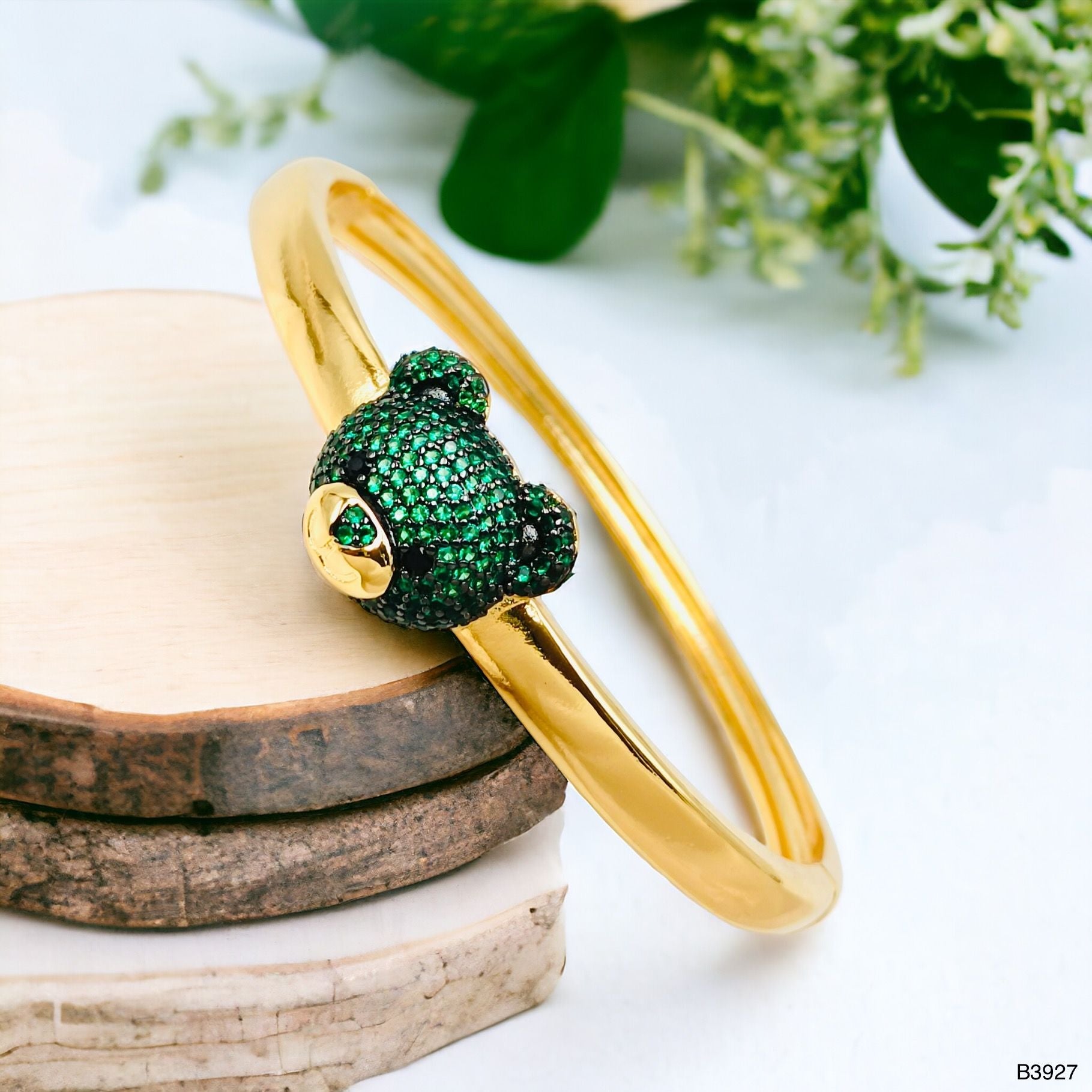 Dark Blue Sapphire Teddy Bear 18K Gold Anti Tarnish Openable Kada Bangle for Women