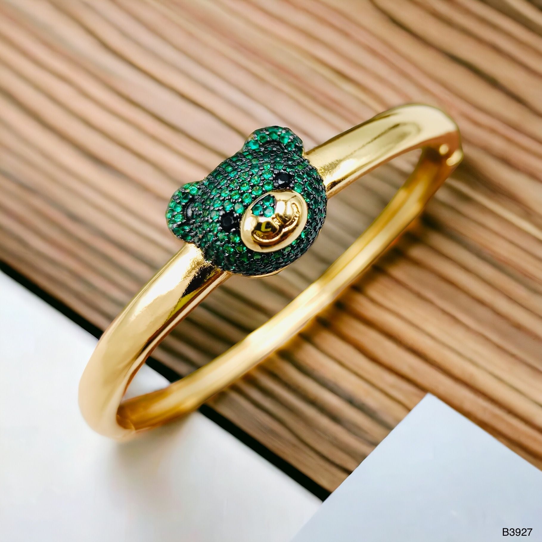 Dark Blue Sapphire Teddy Bear 18K Gold Anti Tarnish Openable Kada Bangle for Women