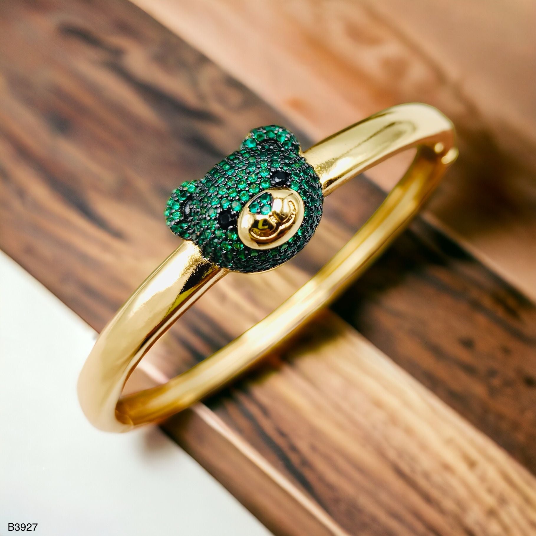 Dark Blue Sapphire Teddy Bear 18K Gold Anti Tarnish Openable Kada Bangle for Women