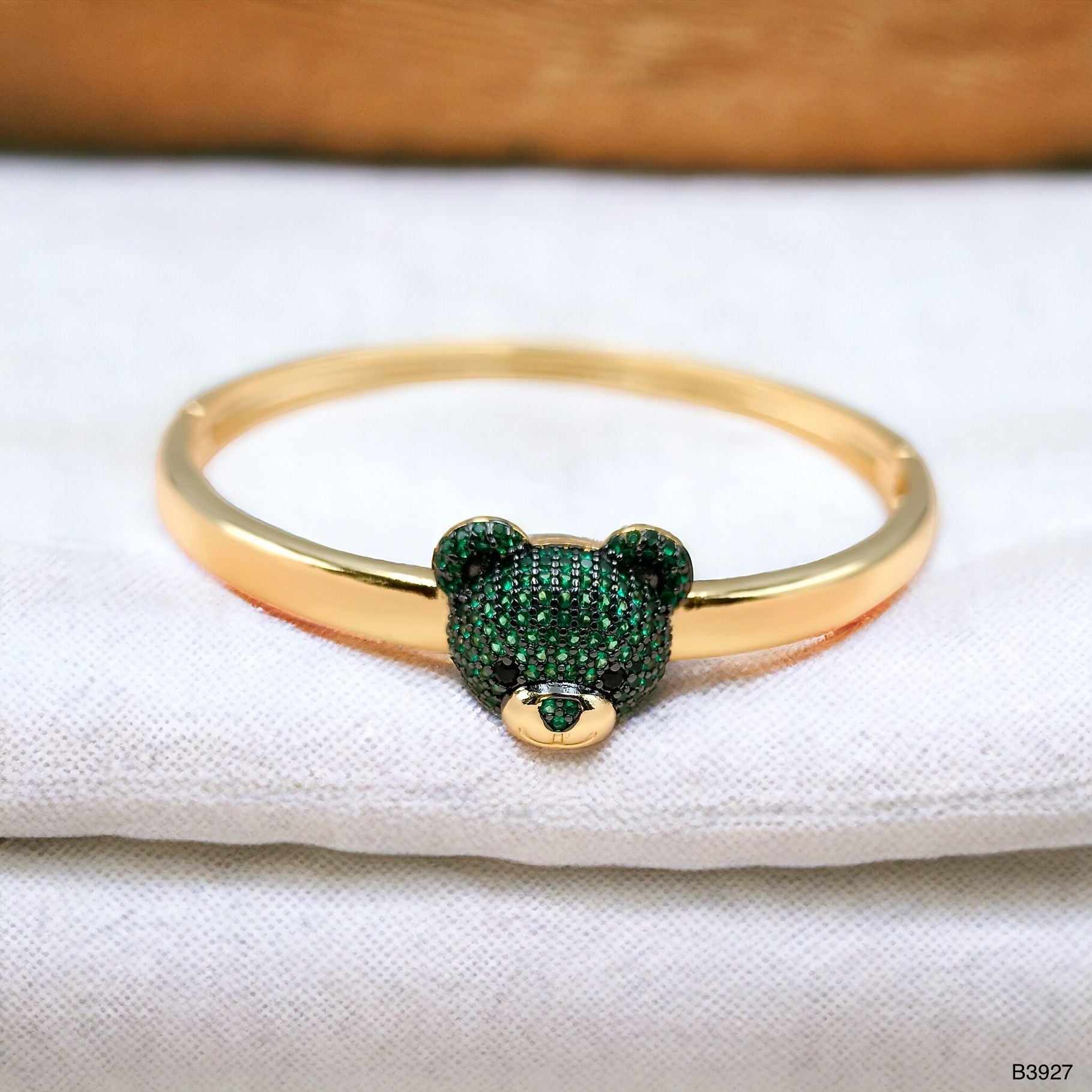 Dark Blue Sapphire Teddy Bear 18K Gold Anti Tarnish Openable Kada Bangle for Women