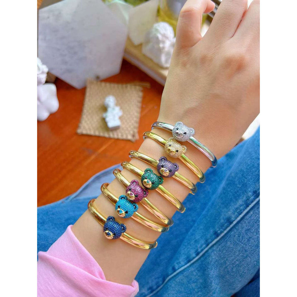 Turquoise Blue Sapphire Teddy Bear 18K Gold Anti Tarnish Openable Kada Bangle for Women