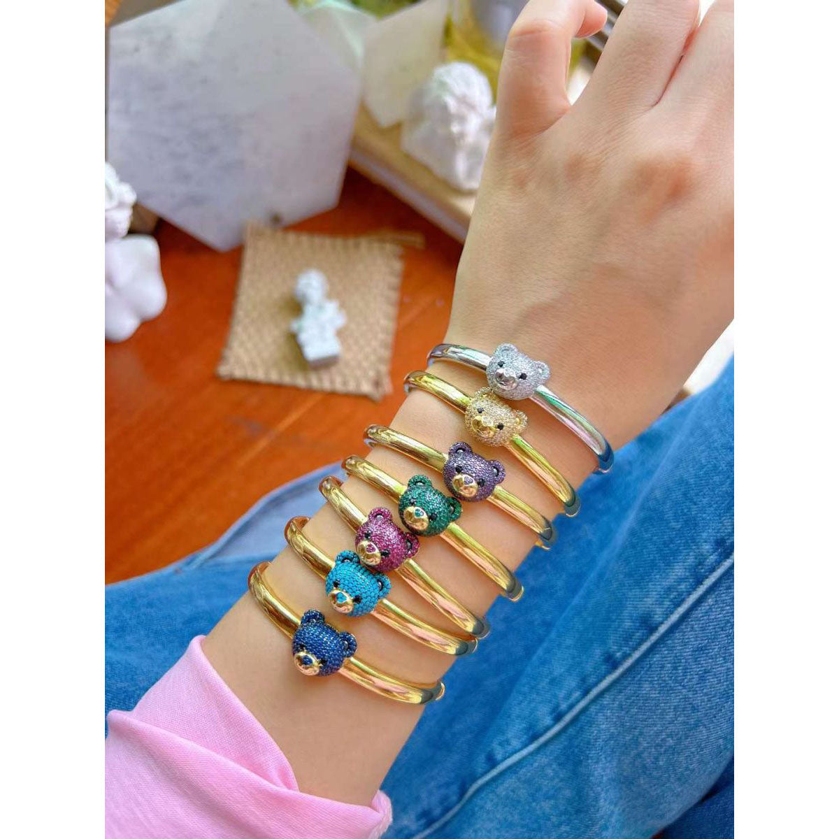 Turquoise Blue Sapphire Teddy Bear 18K Gold Anti Tarnish Openable Kada Bangle for Women