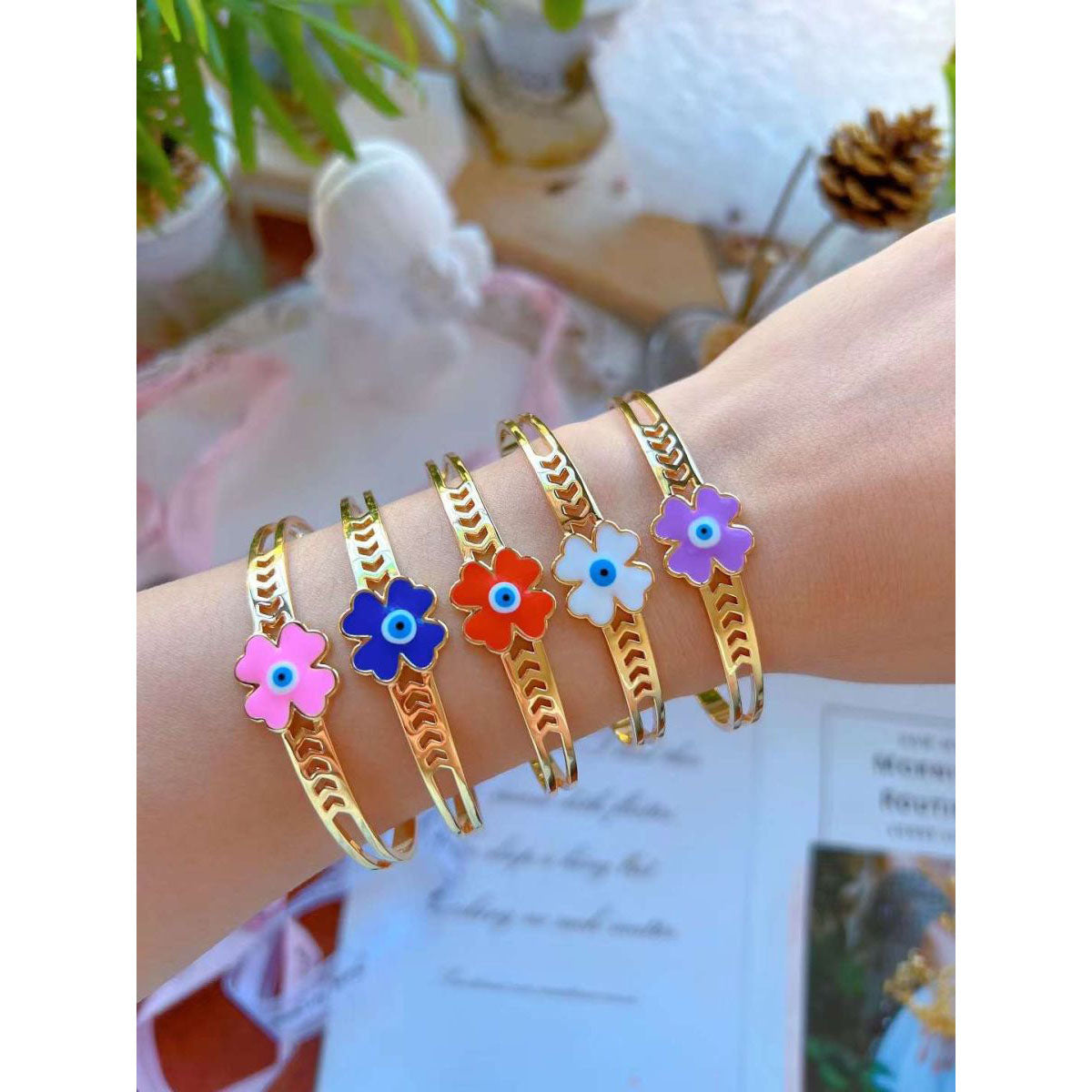 Clover Flower Evil Eye White Gold Anti Tarnish Cuff Kada Bracelet Bulk