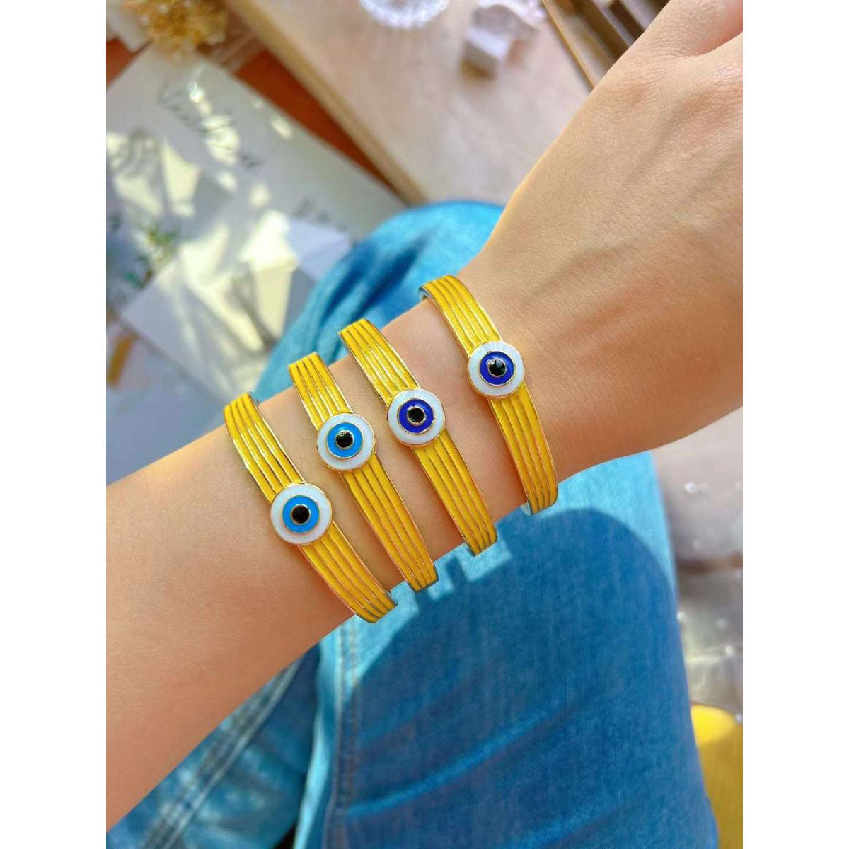 Evil Eye Yellow Stripes 18K Gold Anti Tarnish Cuff Kada Bracelet Bulk Main image