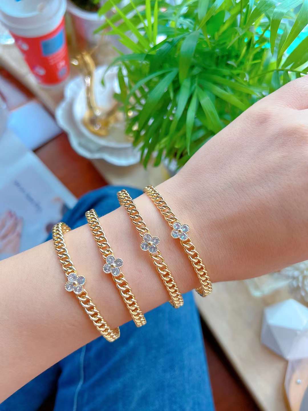 Clover Curb CZ Glossy 18K Gold Anti Tarnish Cuff Kada Bracelet Bulk