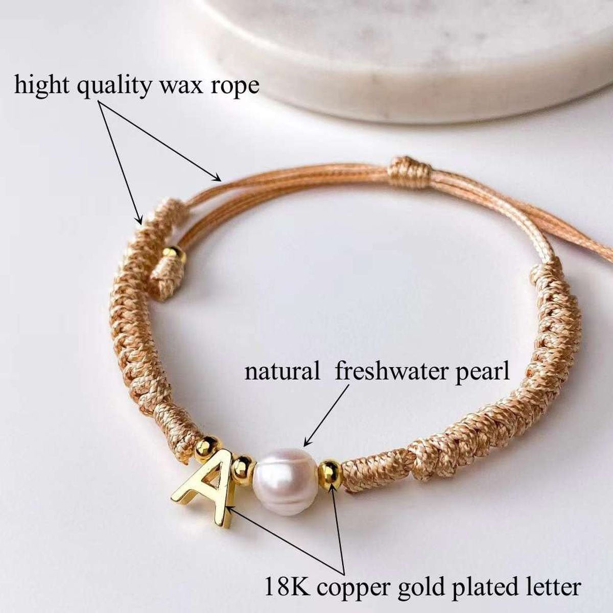 A Personalised Letter Alphabet Initial Pearl Braided Beige Rope Adjustable Thread Bracelet
