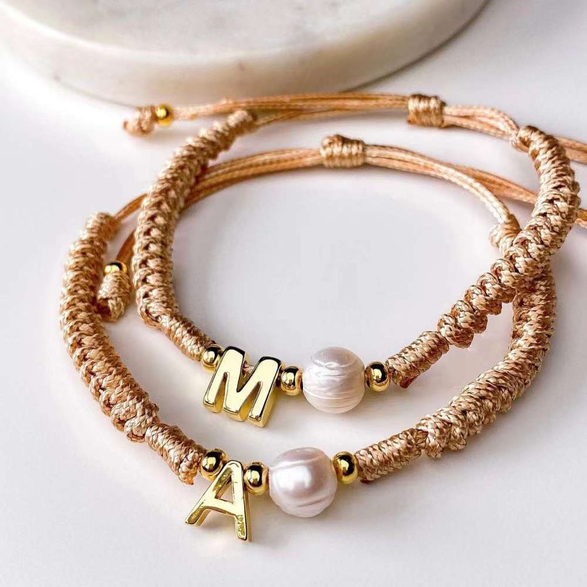 A Personalised Letter Alphabet Initial Pearl Braided Beige Rope Adjustable Thread Bracelet Main image