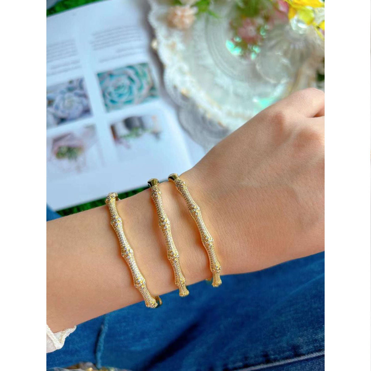 Bamboo Cubic Zirconia 18K Gold Anti Tarnish Kada Cuff Bangle Bulk Main image