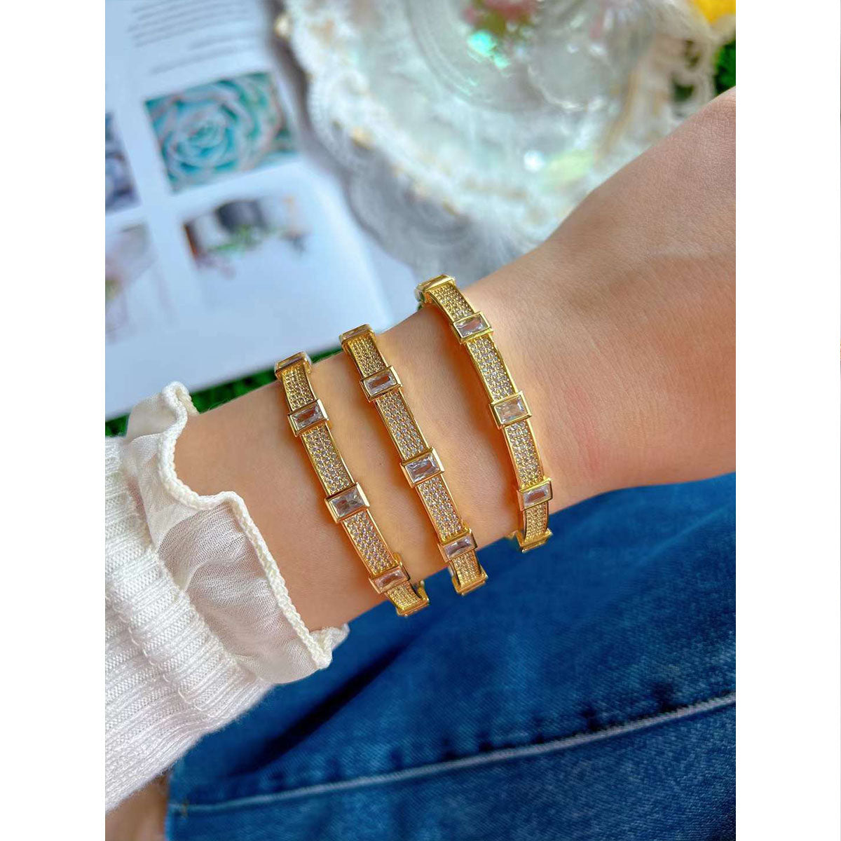 Smart Studded Emerald Cut Cubic Zirconia 18K Gold Anti Tarnish Openable Kada Bangle For Women Main image