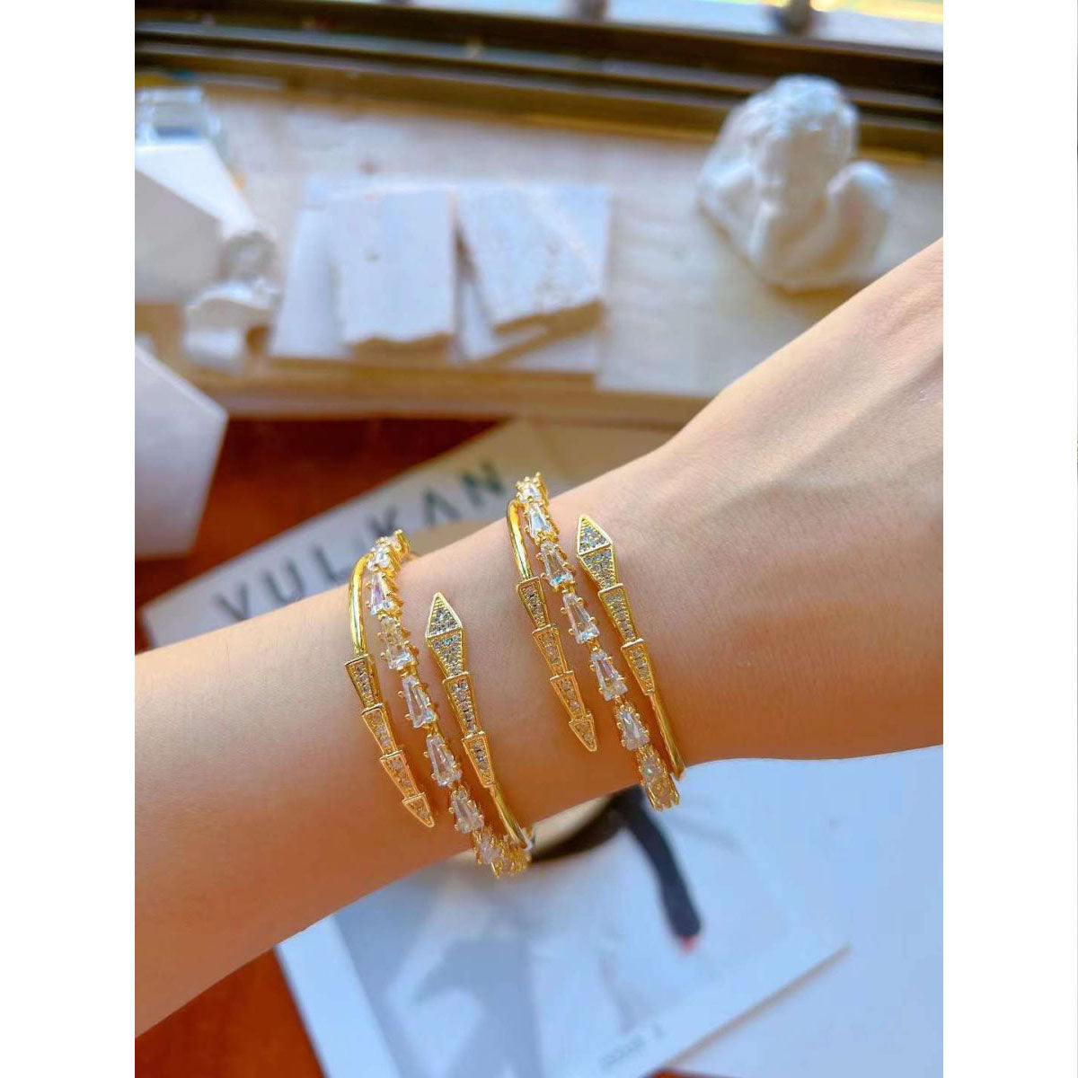 Snake Tapered Baguette CZ Gold Anti Tarnish Openable Kada Bangle Bulk Secondary image