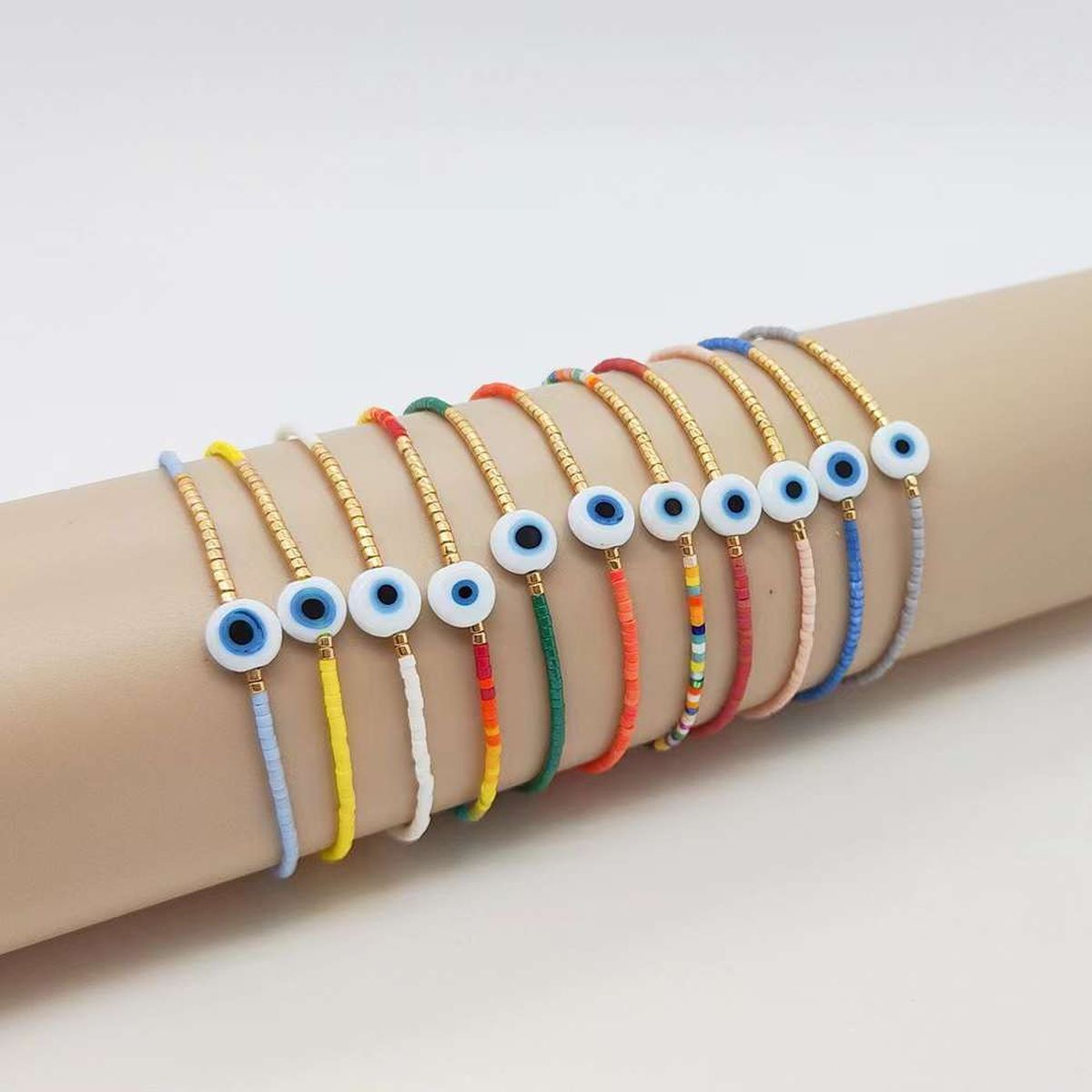 Evil Eye Mother Of Pearl Sky Blue Gold Handmade Beads Bracelet Bulk