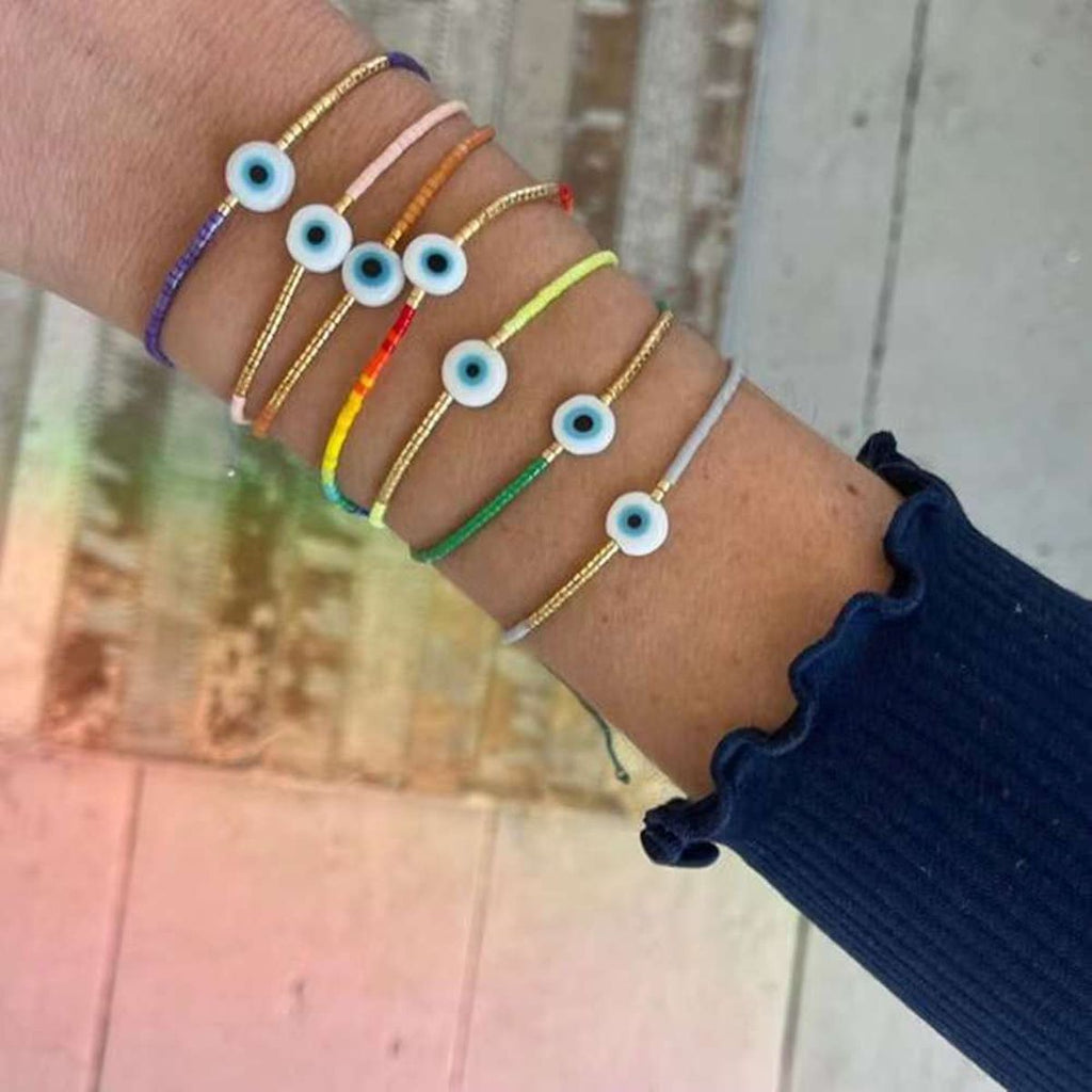 Evil Eye Mother Of Pearl Sky Blue Gold Handmade Beads Bracelet Bulk
