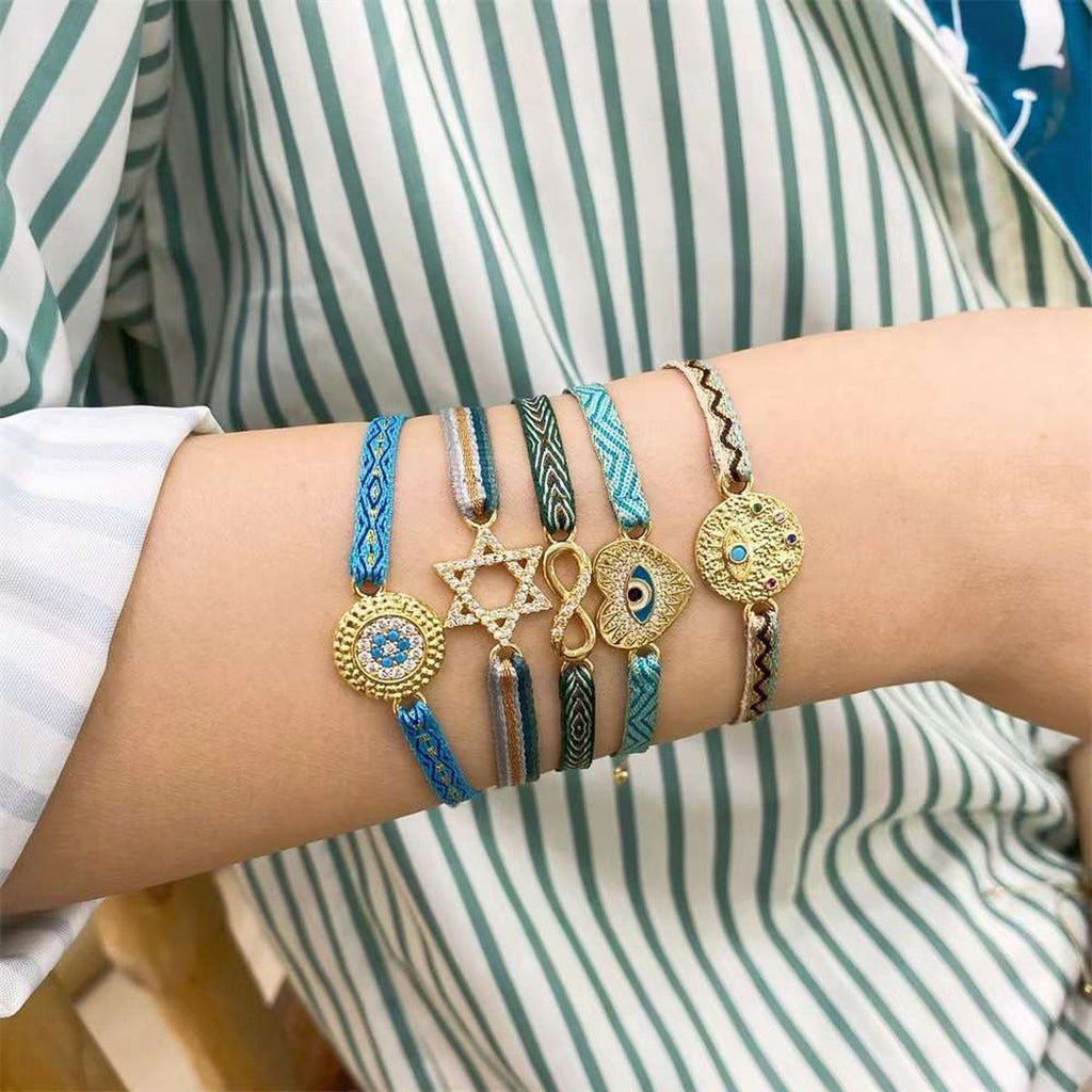 Round CZ Blue Beige Thread 18K Gold Adjustable Bracelet Bulk