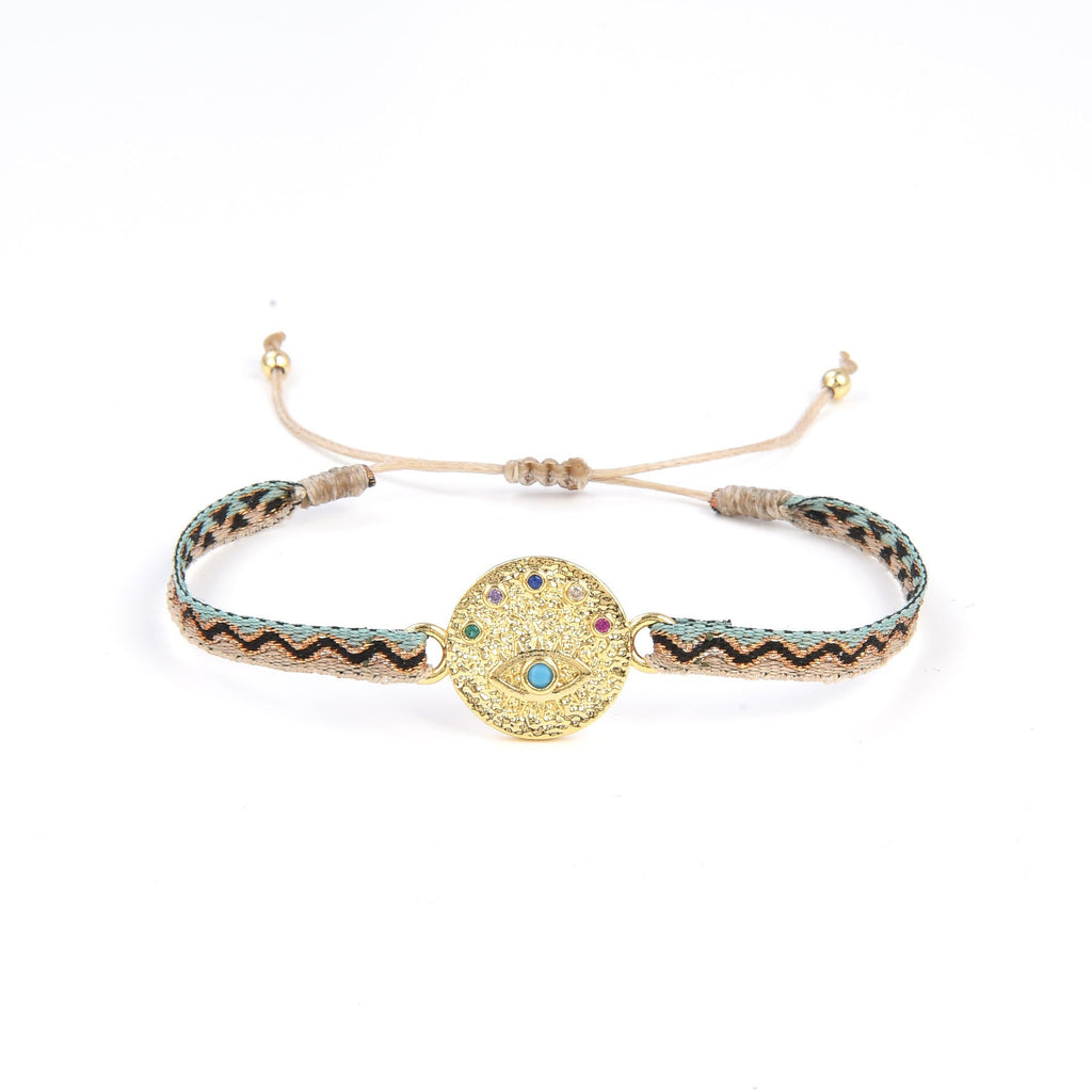 Round CZ Blue Beige Thread 18K Gold Adjustable Bracelet Bulk