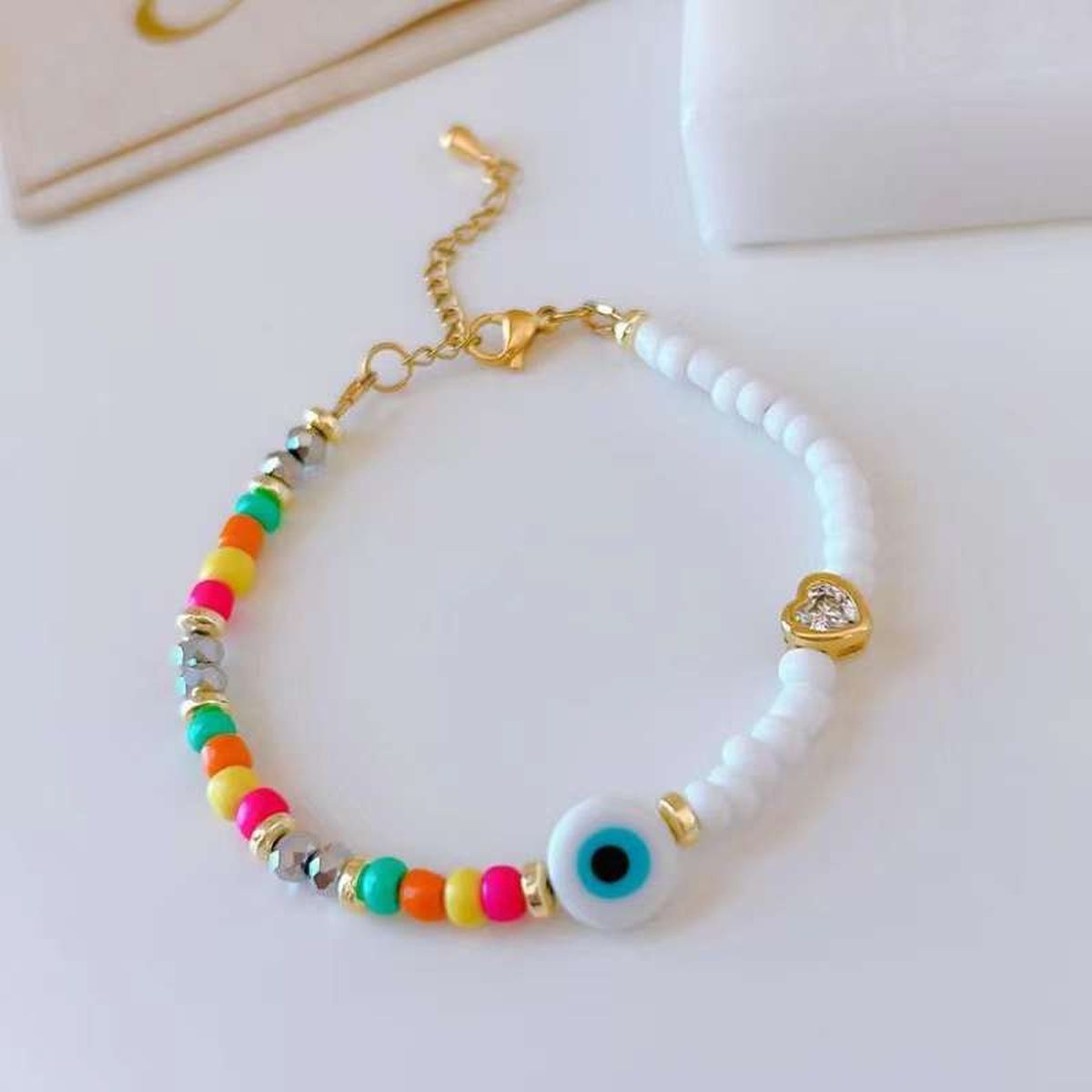 Evil Eye White Multi Beads Gold Anti Tarnish Handmade Bracelet Bulk Main image