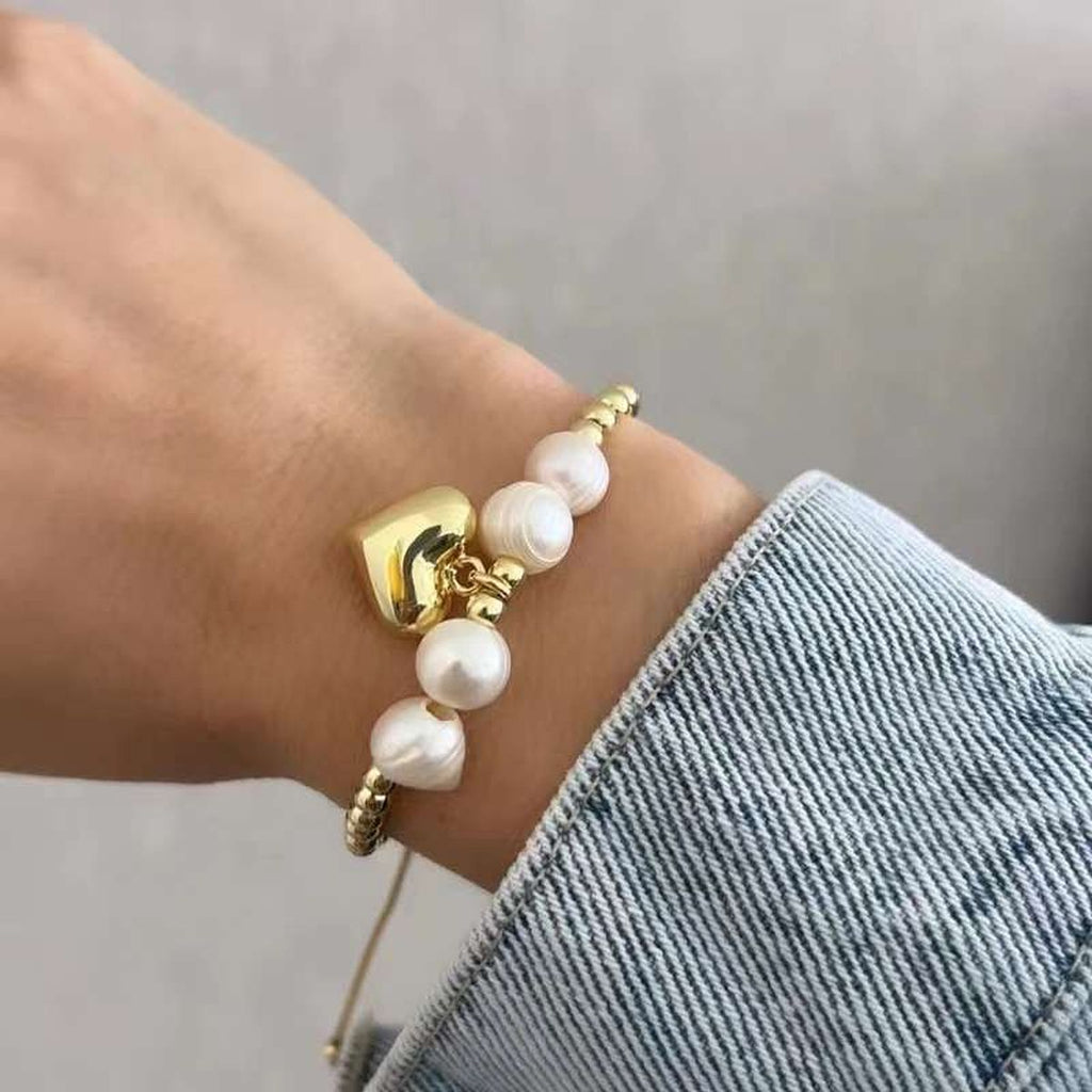Love Heart Pearl White 18K Gold Anti Tarnish Adjustable Bracelet Bulk