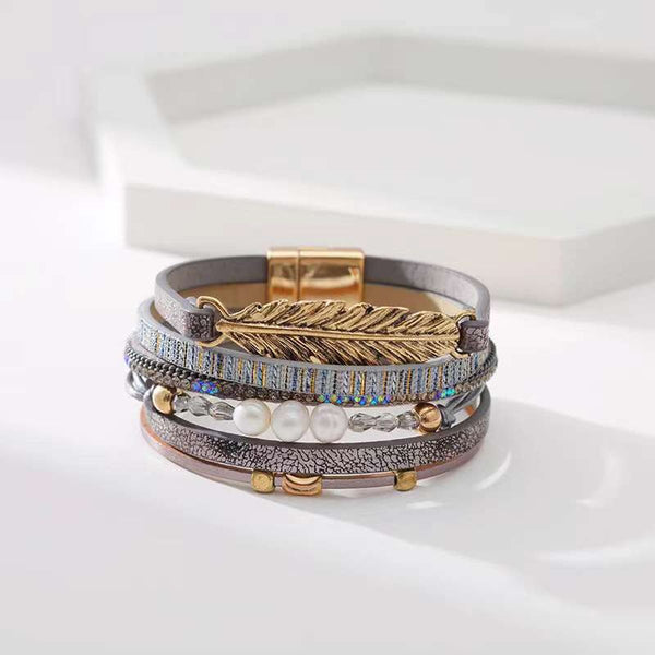 Leather Strand Pearl Gold Silver Anti Tarnish Leather Stand Bracelet For Women Main image