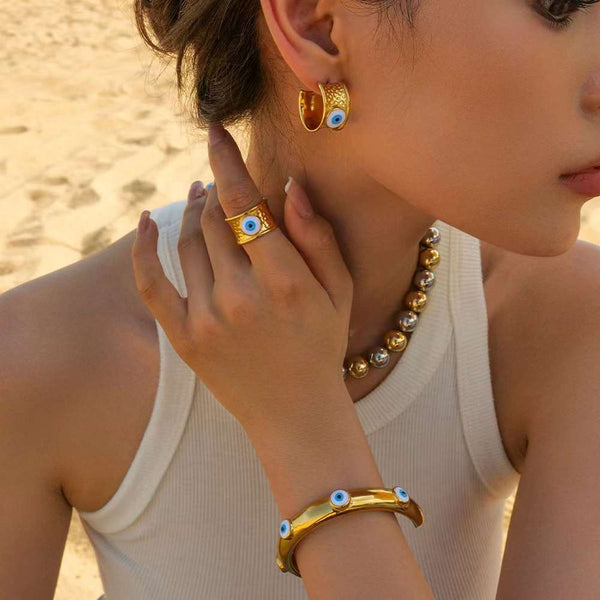 Evil Eye Enamel Blue 18K Gold Anti Tarnish Bracelet Cuff Kada Bulk Main image