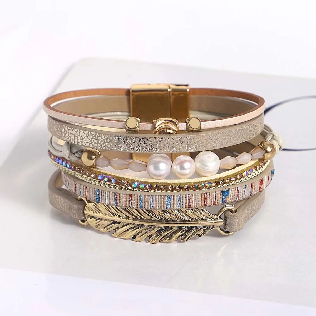 Leather Strand Pearl Gold Silver Anti Tarnish Leather Stand Bracelet For Women Secondary image