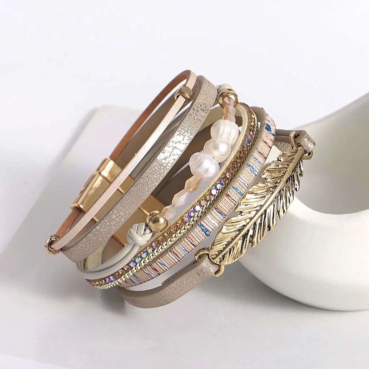 Leather Strand Pearl Gold Silver Anti Tarnish Leather Stand Bracelet For Women
