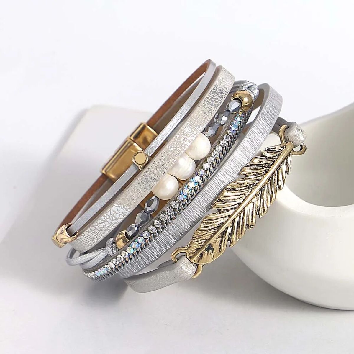 Leather Strand Pearl Gold Silver Anti Tarnish Leather Stand Bracelet For Women