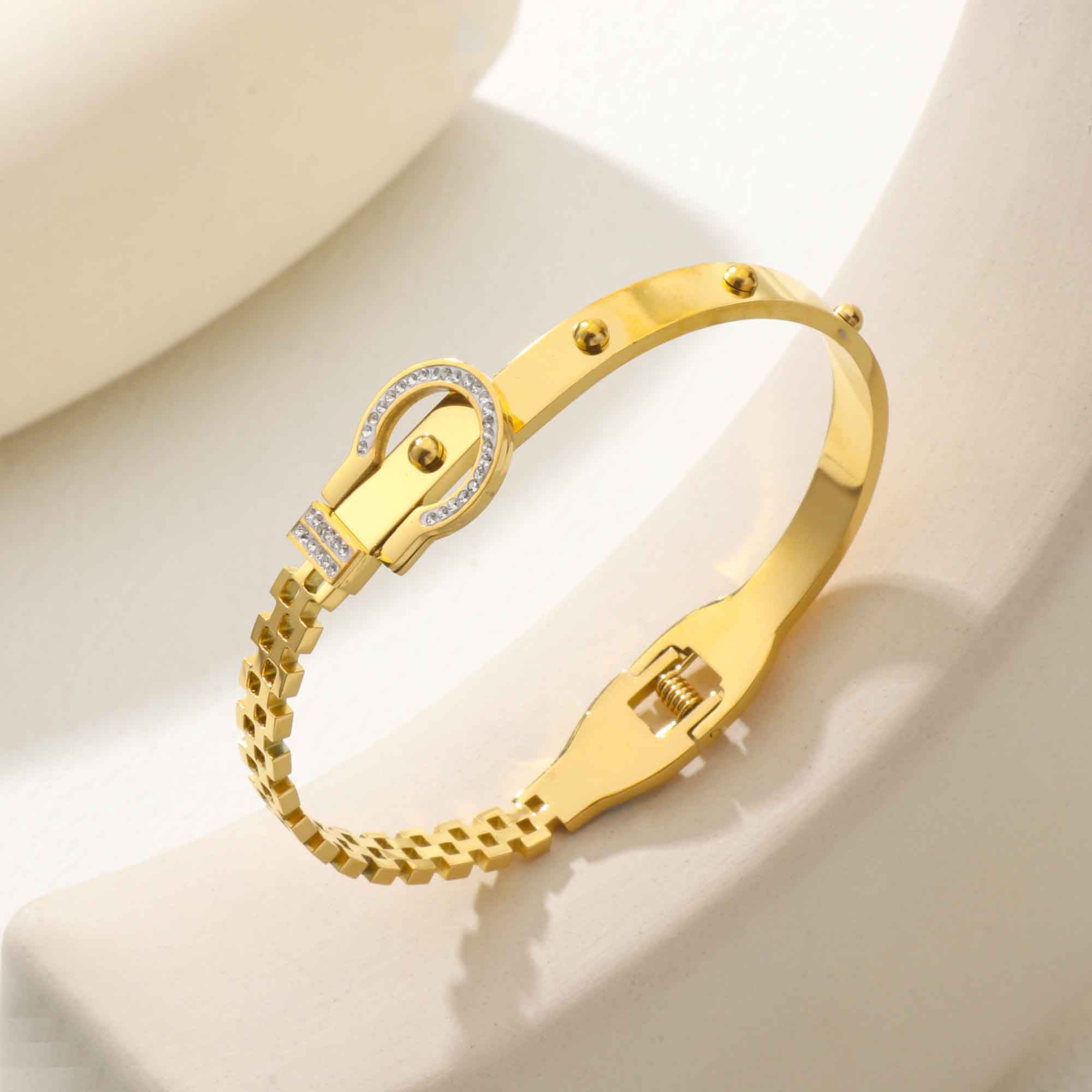 Watch Buckle Belt Cubic Zirconia 18K Gold Anti Tarnish Stainless Steel Openable Kada For Women