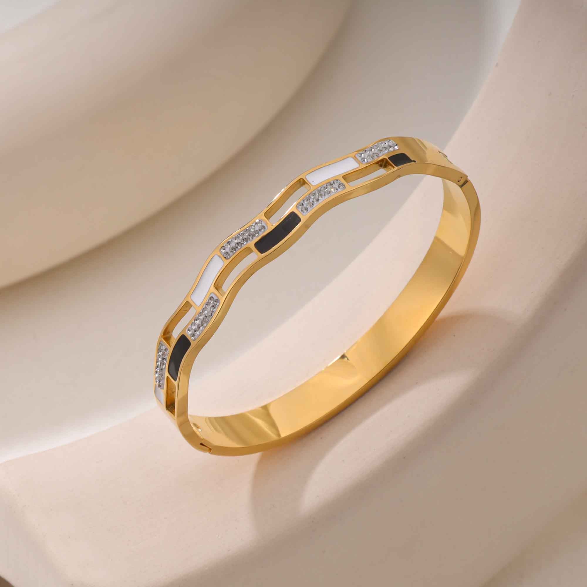 Wave Cubic Zirconia Mother of Pearl White Black 18K Gold Anti Tarnish Stainless Steel Openable Kada For Women Main image