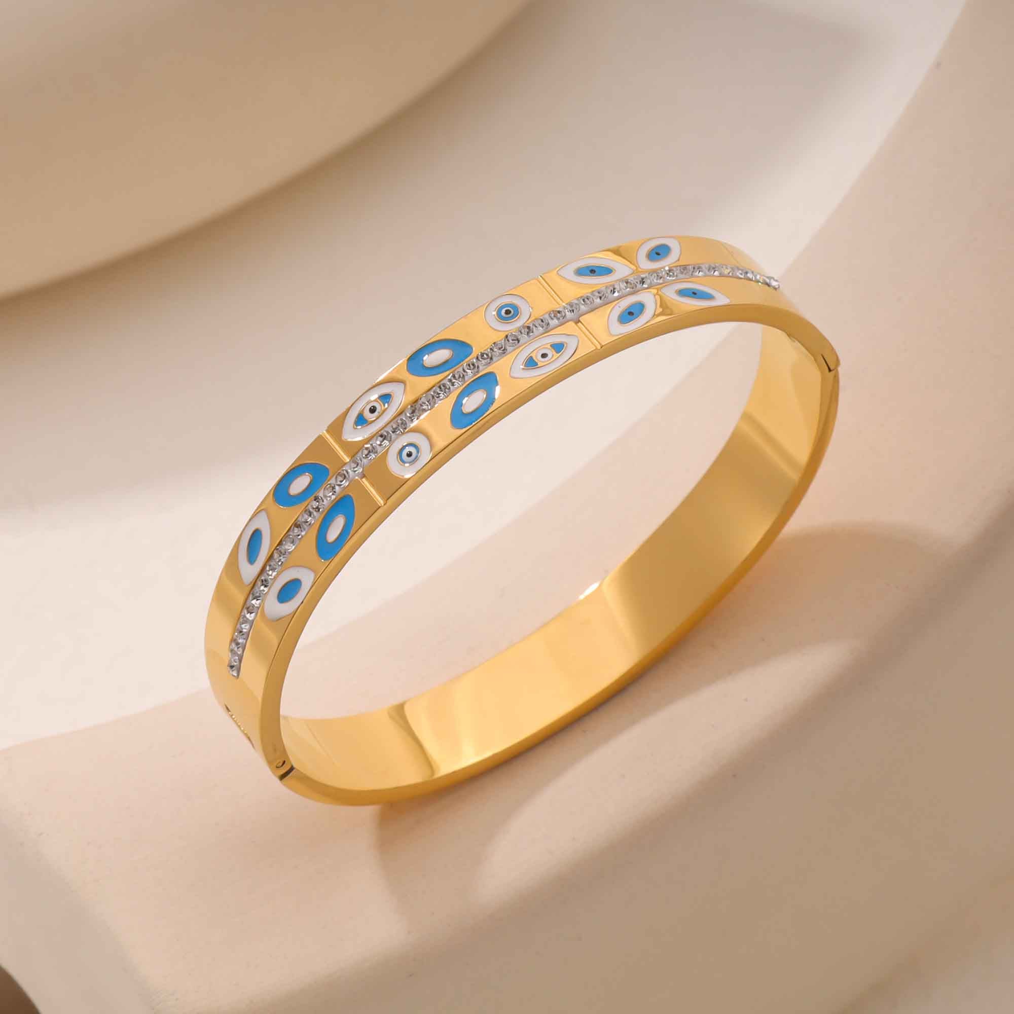 Dual Layer Evil Eye Cubic Zirconia Enamel Blue White 18K Gold Anti Tarnish Stainless Steel Openable Kada For Women Main image