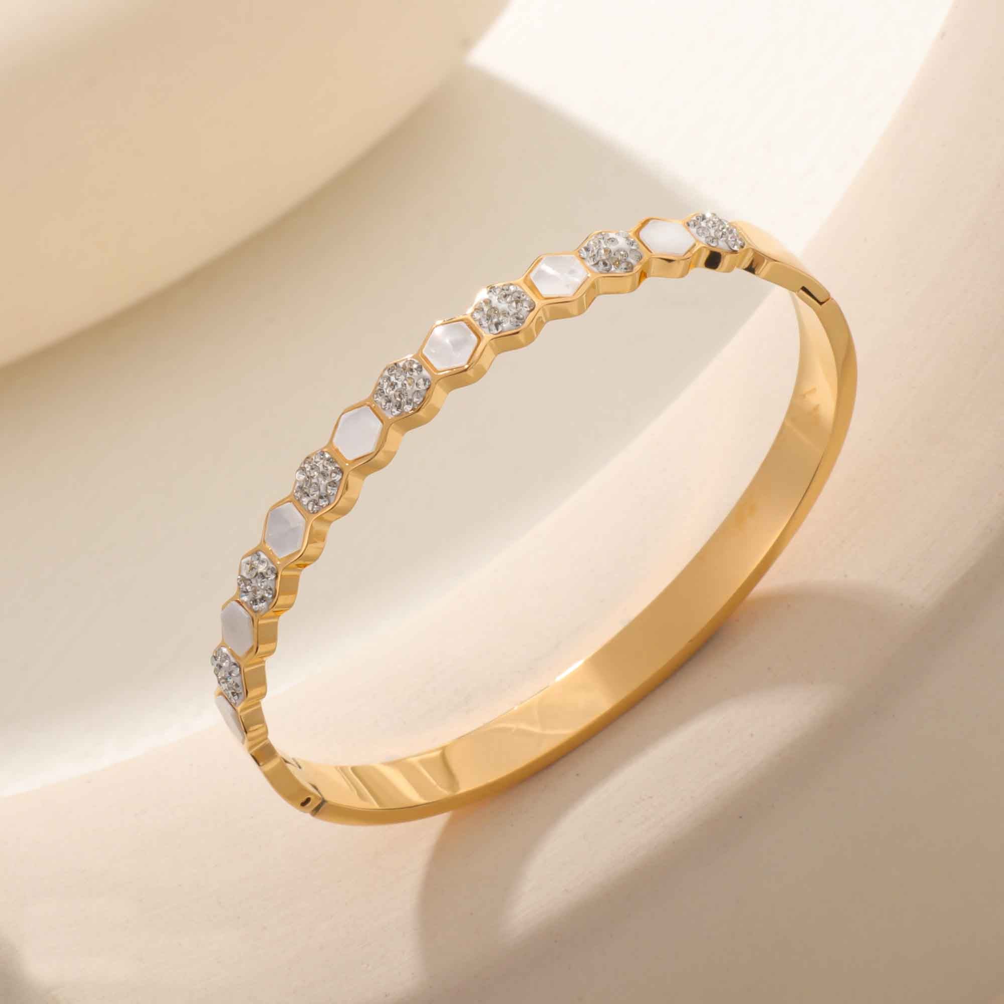 Hexagon Cubic Zirconia Mother Of Pearl White 18K Gold Anti Tarnish Stainless Steel Openable Kada For Women