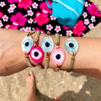 Evil Eye Pink White CZ Gold Copper Anti Tarnish Bracelet Bulk