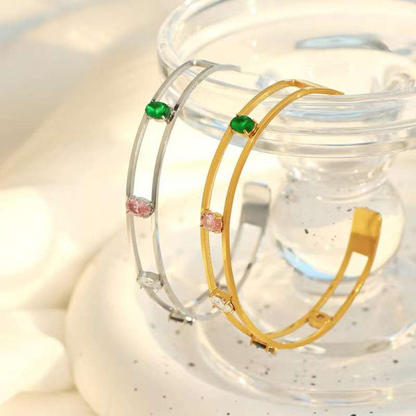 Rainbow Multicolour CZ 18K Gold Copper Anti Tarnish Cuff Bracelet Bulk Main image