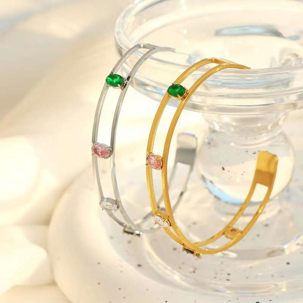 Rainbow Multicolour CZ 18K Gold Copper Anti Tarnish Cuff Bracelet Bulk