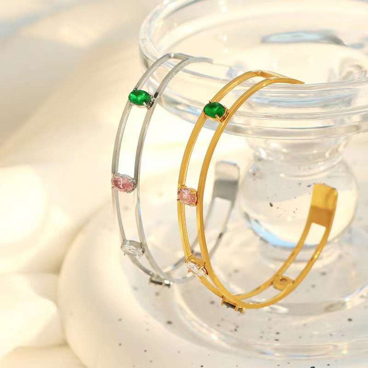 Rainbow Multicolour CZ 18K Gold Copper Anti Tarnish Cuff Bracelet Bulk