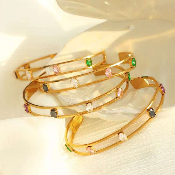 Rainbow Multicolour CZ 18K Gold Copper Anti Tarnish Cuff Bracelet Bulk Secondary image