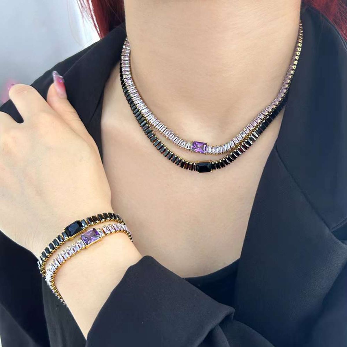 Baguette Purple Black Cubic Zirconia 18K Gold Copper Anti Tarnish Tennis Bracelet Necklace For Women Main image