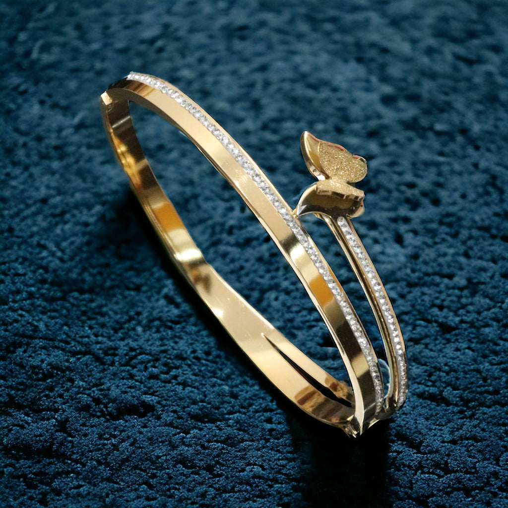 Butterfly 18K Gold White Cubic Zirconia Anti Tarnish Stainless Steel Kada Bracelet For Women