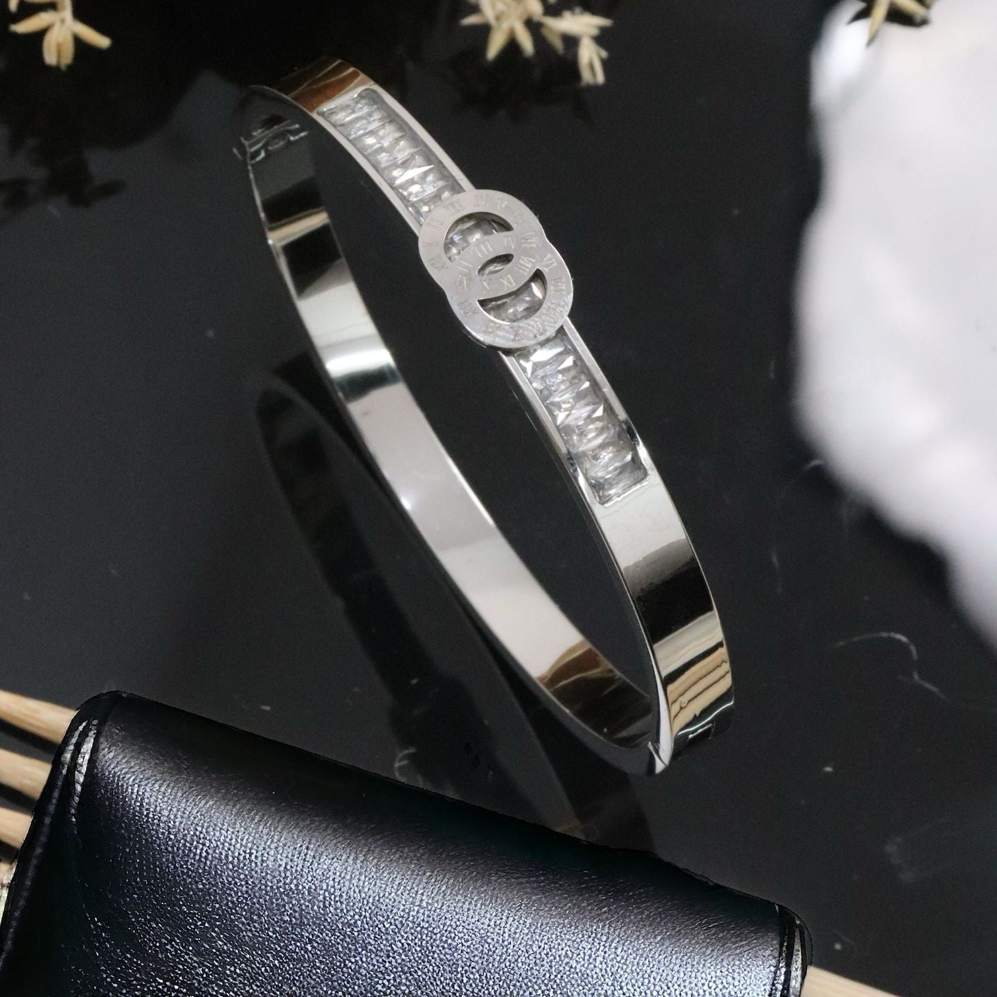 Baguette Roman Silver Cubic Zirconia Anti Tarnish Stainless Steel Kada Bracelet For Women Main image