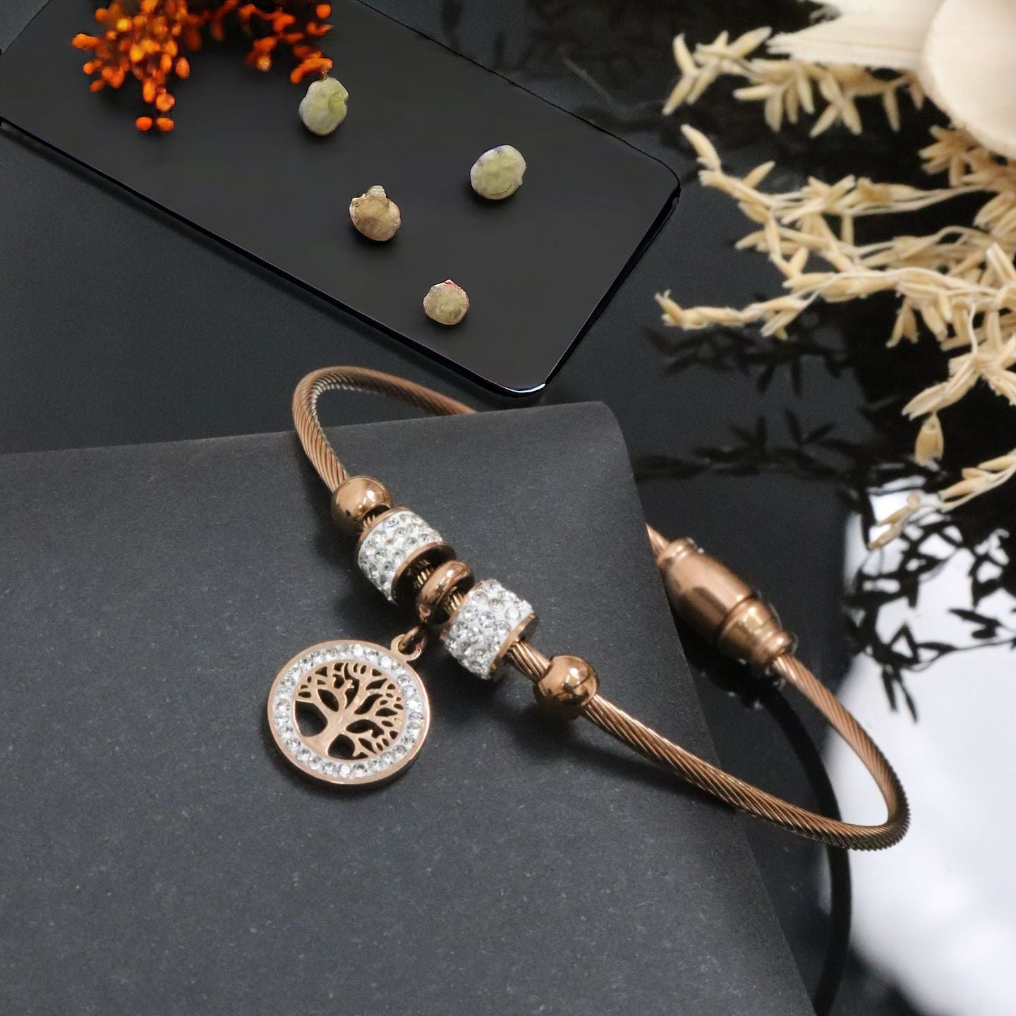 Tree of Life 18K Rose Gold White Cubic Zirconia Anti Tarnish Stainless Steel Wire Bracelet For Women Main image