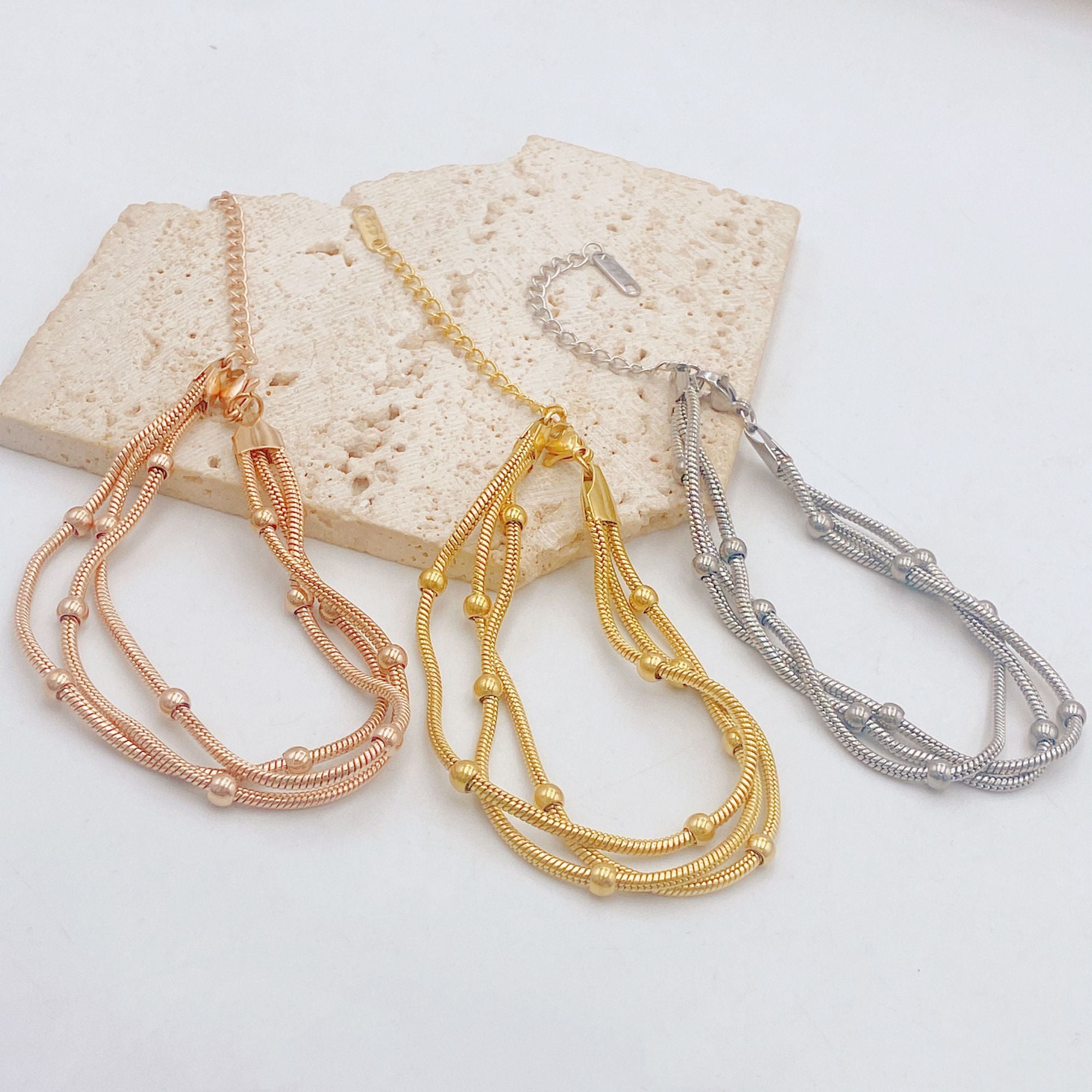 Triple Layer 18K Gold Stainless Steel Anti Tarnish Snake Chain Bracelet For Women Main image