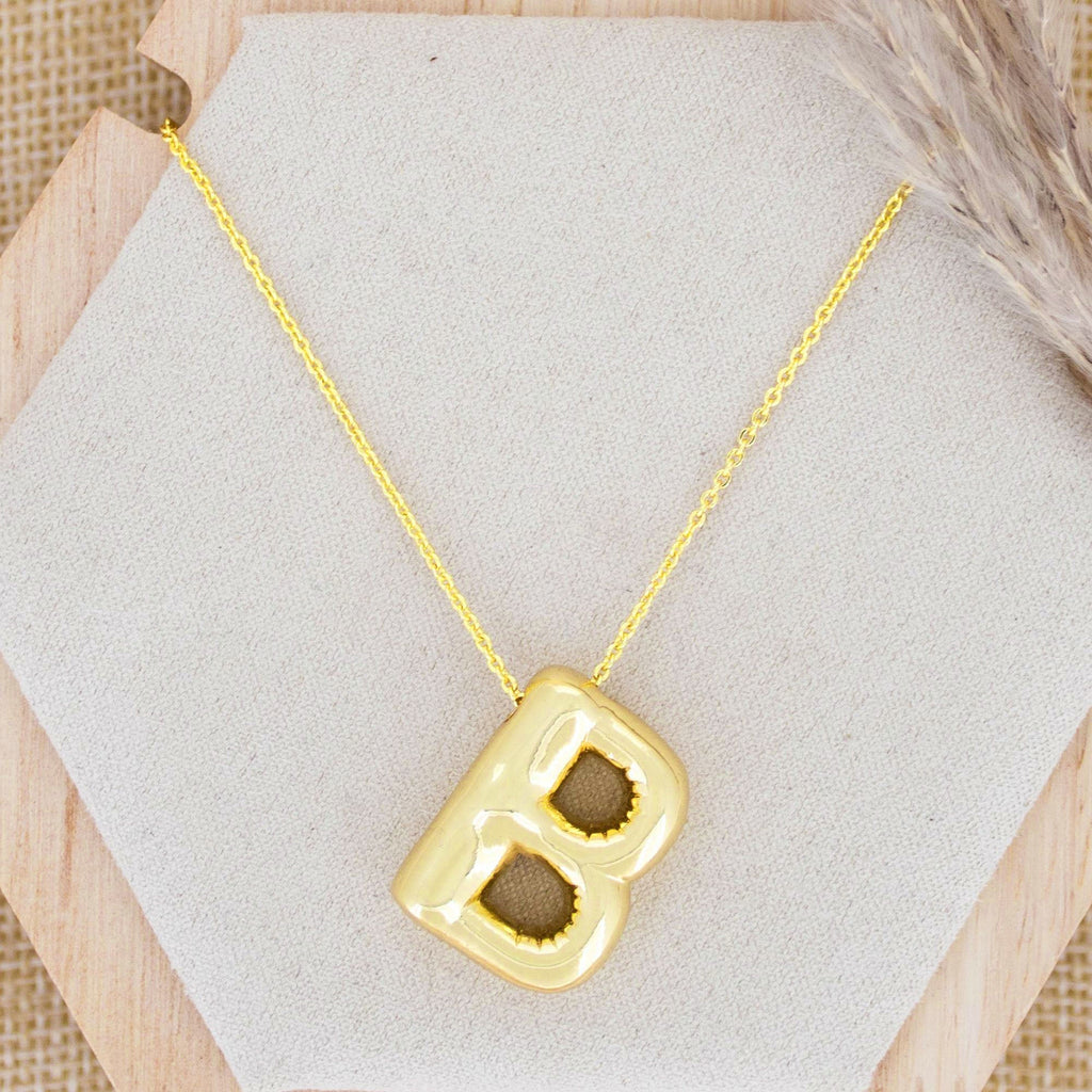 A Party Balloon Bubble Puffed Initial Alphabet Letter 18K Glossy Gold Anti Tarnish Pendant Chain
