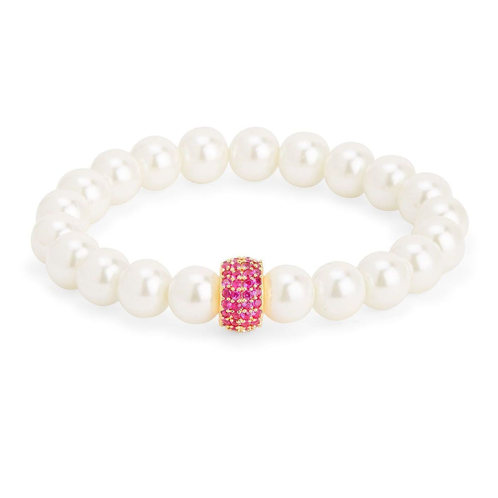 Copper Cubic Zirconia White Gold Pearl Beads Stretchable Bracelet Bulk