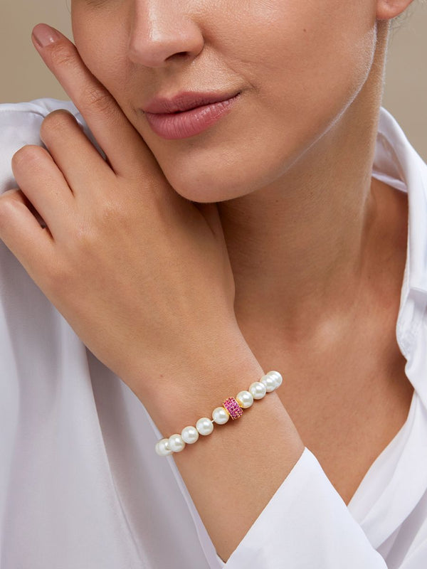 Copper Cubic Zirconia White Gold Pearl Beads Stretchable Bracelet Bulk Main image